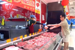 Người dân ưu tiên lựa chọn thịt lợn có nguồn gốc xuất xứ trong siêu thị tại Thành phố Hồ Chí Minh. (Ảnh: Hương Giang/TTXVN)