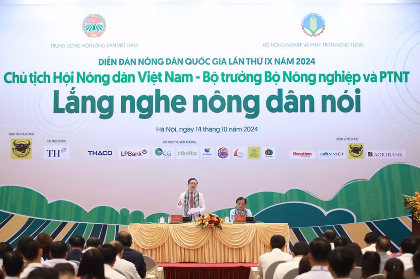 Diễn đàn Nông dân Quốc gia lần thứ IX có chủ đề: "Chủ tịch Hội Nông dân Việt Nam-Bộ trưởng Bộ Nông nghiệp và Phát triển nông thôn lắng nghe nông dân nói". (Ảnh: CTV/Vietnam+)