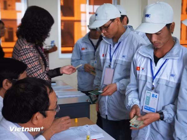 Lao động làm thủ tục sang Hàn Quốc làm việc. (Ảnh: PV/Vietnam+)