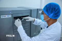 Kỹ thuật viên thực hiện xét nghiệm ADN thân nhân liệt sỹ trên máy microarray GeneTitan thể mô có thể phân tích hàng nghìn mẫu mô cùng lúc để tìm đột biến di truyền hoặc mức độ hoạt động của gene. (Ảnh: Hoàng Hiếu/TTXVN)