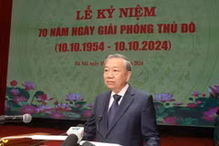Tổng Bí thư, Chủ tịch nước Tô Lâm đọc Diễn văn kỷ niệm 70 năm Ngày Giải phóng Thủ đô. (Ảnh: Trí Dũng/TTXVN)