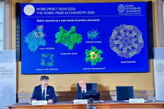 Lễ công bố giải Nobel Hóa học năm 2024 tại Viện Hàn lâm Khoa học Hoàng gia Thụy Điển ở Stockholm. (Ảnh: AA/TTXVN)