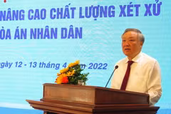 Ông Nguyễn Hòa Bình, Ủy viên Bộ Chính trị, Bí thư Trung ương đảng, Chánh án Tòa án Nhân dân Tối cao phát biểu tại Hội nghị. (Ảnh: Tường Vi/TTXVN)