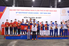 Lễ trao giải môn bi sắt nội dung bộ ba nữ.(Ảnh: Minh Hiếu/Vietnam+)