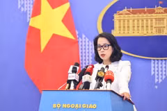 Người phát ngôn Bộ Ngoại giao Phạm Thu Hằng chủ trì họp báo thường kỳ tháng 6/2024. (Ảnh: Minh Đức/TTXVN)