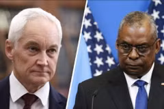 Bộ trưởng Quốc phòng Nga Andrei Belousov và người đồng cấp Mỹ Lloyd Austin. (Ảnh: GettyImages)