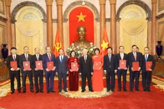 Tổng Bí thư, Chủ tịch nước Nguyễn Phú Trọng và các đại biểu với các Đại sứ mới được trao Quyết định. (Ảnh: Trí Dũng/TTXVN)