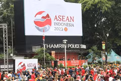 Ápphích cổ động Năm Chủ tịch ASEAN Indonesia 2023. (Ảnh: Hữu Chiến/TTXVN)