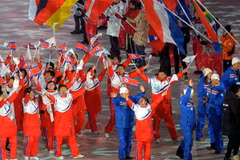 Đoàn vận động viên Triều Tiên tại lễ bế mạc Olympic PyeongChang, Hàn Quốc ngày 25/2/2018. (Nguồn: Yonhap/TTXVN)