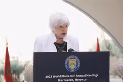 Bộ trưởng Tài chính Mỹ Janet Yellen tại cuộc họp báo ở Marrakech, Maroc. (Ảnh: Kyodo/TTXVN)