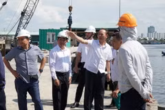 Thứ trưởng Bộ Nông nghiệp và Phát triển Nông thôn Phùng Đức Tiến (thứ 3 từ trái sang) kiểm tra tại Cảng cá Thọ Quang, quận Sơn Trà, thành phố Đà Nẵng. (Ảnh: Quốc Dũng/TTXVN)