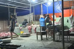 Một cơ sở giết mổ lợn trên sàn nhà dơ bẩn, không đảm bảo vệ sinh. (Ảnh: Lê Xuân/TTXVN)