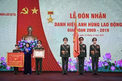 Phó Chủ tịch nước Đặng Thị Ngọc Thịnh trao danh hiệu Anh hùng Lao động giai đoạn 2009-2019 cho Tổng Công ty Mạng lưới Viettel. (Ảnh: Viettel)