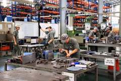 Công nhân làm việc tại Công ty Cơ khí Động lực Toàn Cầu, khu công nghiệp Giang Điền, huyện Trảng Bom (Đồng Nai). (Ảnh: Hồng Đạt/TTXVN)