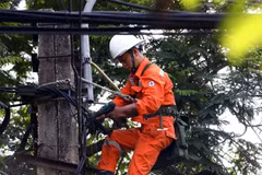 Công nhân ngành điện Thủ đô trong những ngày cao điểm phải tăng cường kiểm tra xử lý tại các điểm dễ xảy sự cố. (Ảnh: Huy Hùng/TTXVN)
