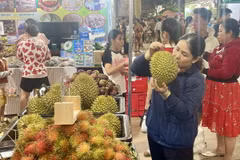 Du khách trong và ngoài tỉnh tham quan, mua sắm các đặc sản trai cây Long Khánh tại lễ hội. (Ảnh: Lê Xuân/TTXVN)