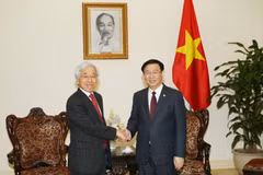 Phó Thủ tướng Vương Đình Huệ tiếp Giám đốc điều hành cấp cao Tập đoàn Tài chính J Trust Nobiru Adachi. (Ảnh: Dương Giang/ TTXVN)