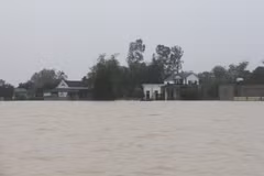 Nước lũ dâng cao, hàng ngàn hộ dân vũng trũng xã Hưng Yên Bắc, huyện Hưng Nguyên bị cô lập hoàn toàn. (Ảnh: Bích Huệ/TTXVN)