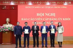 Phó Bí thư Đảng ủy Khối các cơ quan Trung ương Đỗ Việt Hà trao quyết định kiện toàn đội ngũ báo cáo viên cấp Đảng ủy Khối nhiệm kỳ 2020-2025. (Ảnh: Diệp Trương/TTXVN)