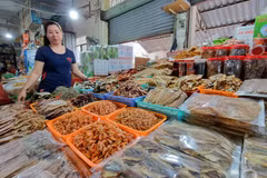 Các mặt hàng hải sản khô được bán tại chợ Phan Rang, tỉnh Ninh Thuận. (Ảnh: Nguyễn Thành/TTXVN)