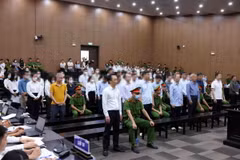 Các bị cáo tại phiên tòa xét xử sơ thẩm vụ án xảy ra tại Tập đoàn FLC. (Ảnh: Phạm Kiên/TTXVN)