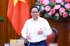 Thủ tướng Phạm Minh Chính kết luận buổi làm việc với các đơn vị để đẩy nhanh tiến độ hoàn thành Dự án đường dây 500kV mạch 3. (Ảnh: Dương Giang/TTXVN)