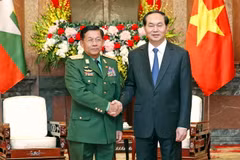 Chủ tịch nước Trần Đại Quang tiếp Thống tướng Min Aung Hlaing, Tổng Tư lệnh các Lực lượng vũ trang Myanmar thăm chính thức Việt Nam. (Ảnh: Nhan Sáng/TTXVN)