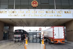 Xe chở quả vải tươi chờ làm thủ tục tại Cửa khẩu quốc tế đường bộ số II Kim Thành xuất khẩu sang Trung Quốc. (Ảnh: Quốc Khánh/TTXVN)