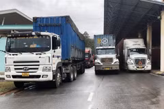Các phương tiện vận tải hàng hóa chờ làm thủ tục thông quan tại Cửa khẩu Quốc tế Lao Bảo, tỉnh Quảng Trị. (Ảnh: Thanh Thủy/TTXVN)