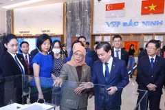 Tổng thống Cộng hòa Singapore Halimah Yacob nghe giới thiệu mô hình Khu Công nghiệp VSIP Bắc Ninh. (Ảnh: Văn Điệp/TTXVN)