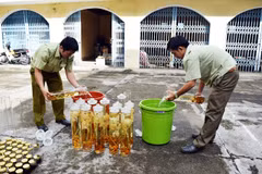 Cơ quan chức năng tiêu hủy các loại rượu ngâm thu giữ do không rõ nguồn gốc. (Ảnh: Quang Thái/TTXVN)