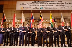 Đại sứ các nước ASEAN và Nhật Bản bắt tay. (Ảnh: Hồng Hà/Vietnam+)