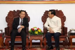  Tổng Giám đốc TTXVN Nguyễn Đức Lợi cùng Ủy viên Bộ Chính trị, Phó Thủ tướng Chính phủ Lào Phankham Viphavan. (Ảnh: Phạm Kiên/TTXVN)