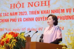 Thống đốc Nguyên Thị Hồng phát biểu tham luận tại Hội nghị. (Ảnh: CTV/Vietnam+)