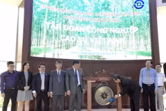 Lãnh đạo VRG đánh chiêng khai trương Phiên đấu giá. (Ảnh: Mỹ Phương/TTXVN)