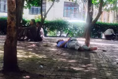 Tại điểm thi thuộc Đại học Sư phạm, một phụ huynh nằm thẳng đượt trong vườn hoa dưới cái nóng như thiêu đốt ở thủ đô Hà Nội. (Ảnh Sơn Bách/Vietnam+)