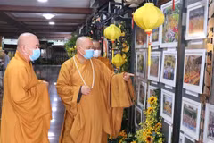 Các tăng ni, Phật tử tham quan triển lãm. (Ảnh: Xuân Khu/TTXVN)