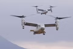 Máy bay MV-22 Osprey của Mỹ tham gia cuộc tập trận chung với Lực lượng Phòng vệ Mặt đất của Nhật Bản tại tỉnh Oita, Tây Nam Nhật Bản ngày 18/2/2023. (Ảnh: Kyodo/TTXVN)