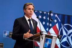 Ngoại trưởng Mỹ Antony Blinken phát biểu trong cuộc họp báo kết thúc hội nghị Ngoại trưởng NATO tại Brussels, Bỉ ngày 24/3/2021. (Ảnh: AFP/TTXVN)