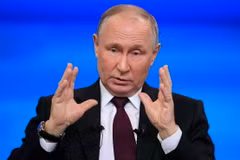 Tổng thống Nga Vladimir Putin tại cuộc họp báo cuối năm ở Moskva ngày 14/12/2023. (Ảnh: AFP/TTXVN)