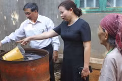 Cán bộ xã Hòa Thắng kiểm tra nguồn nước sau khi bơm lên phi đựng tại gia đình bà Sửu. (Ảnh: Phạm Cường/TTXVN)