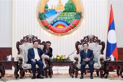 Thủ tướng Lào Phankham Viphavanh tiếp thân mật Bộ trưởng Lê Minh Hoan cùng đoàn. (Ảnh: Phạm Kiên/TTXVN)