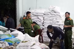 Thu giữ tang vật tại một cơ sở sản xuất phân bón giả. (Ảnh: Phạm Kha/TTXVN)