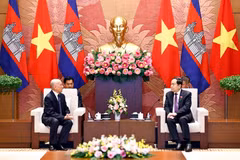 Chủ tịch Quốc hội Trần Thanh Mẫn tiếp kiến Quốc vương Campuchia Norodom Sihamoni. (Ảnh: Doãn Tấn/TTXVN)