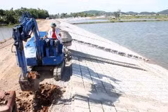 Một đoạn đê kè đang được thi công. (Ảnh: Đình Huệ/TTXVN)