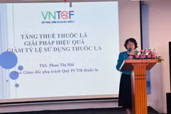 Bà Phan Thị Hải - Phó Giám đốc phụ trách Quỹ phòng, chống tác hại của thuốc lá (Bộ Y tế) phát biểu tại Hội nghị. (Ảnh: PV/Vietnam+)