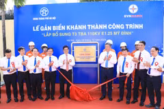 Các đại biểu gắn biển công trình lắp bổ sung T3 Trạm biến áp 110KV E1.25 Mỹ Đình. (Ảnh: Hanoi)
