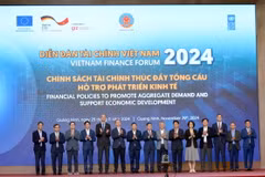 Các đại biểu chụp ảnh chung chúc mừng Diễn đàn Tài chính Việt Nam năm 2024. (Ảnh: Thanh Vân/TTXVN)