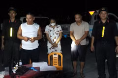 Lực lượng công an bắt các đối đối tượng trong đường dây mua, bán giấy tờ giả. (Ảnh: Tường Quang/TTXVN phát)