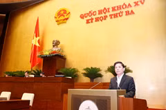 Bộ trưởng Bộ Giao thông vận tải Nguyễn Văn Thể trình bày Tờ trình tổng kết, đánh giá tổng thể tình hình thực hiện Nghị quyết số 66/2013/QH13 và kế hoạch triển khai dự án đường Hồ Chí Minh giai đoạn tiếp theo. (Ảnh: Doãn Tấn/TTXVN)